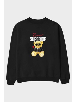 Ankhises Teddy Bear Romance Superior Ön Baskılı Siyah Oversize Sweatshirt Erkek Kadın Bisiklet Yaka