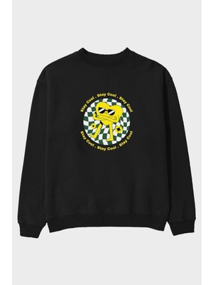 Ankhises Stay Cool Yazılı Ön Baskılı Siyah Oversize Sweatshirt Erkek Kadın Bisiklet Yaka