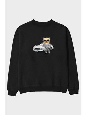 Ankhises Teddy Bear The Secret Ön Baskılı Siyah Oversize Sweatshirt Erkek Kadın Bisiklet Yaka
