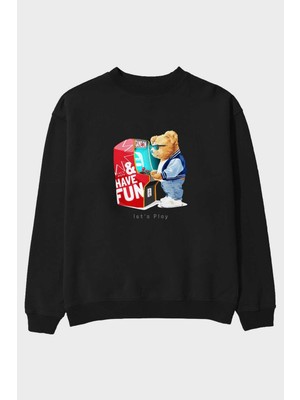 Ankhises Teddy Bear Lets Play Ön Baskılı Siyah Oversize Sweatshirt Erkek Kadın Bisiklet Yaka