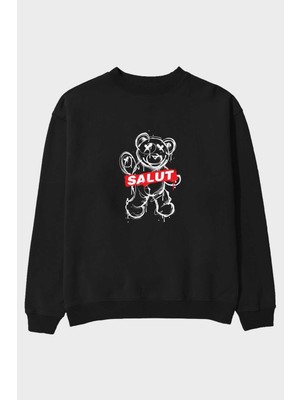 Ankhises Teddy Bear Salut Ön Baskılı Siyah Oversize Sweatshirt Erkek Kadın Bisiklet Yaka