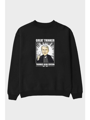 Ankhises Thomas Alfa Edison Ön Baskılı Siyah Oversize Sweatshirt Erkek Kadın Bisiklet Yaka