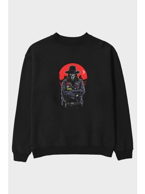 Ankhises Vendetta Ön Baskılı Siyah Oversize Sweatshirt Erkek Kadın Bisiklet Yaka