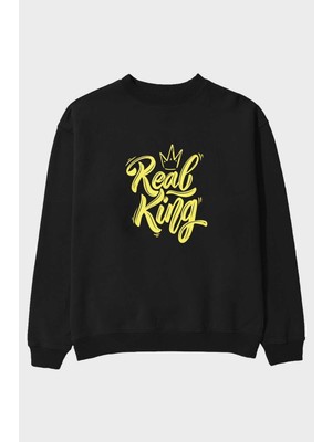 Ankhises Real King Yazılı Ön Baskılı Siyah Oversize Sweatshirt Erkek Kadın Bisiklet Yaka