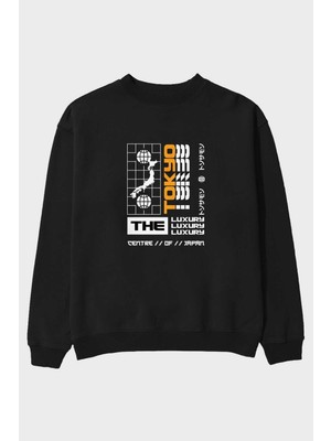 Ankhises The Luxury Centre Of Japan Ön Baskılı Siyah Oversize Sweatshirt Erkek Kadın Bisiklet Yaka
