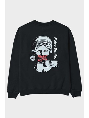 Ankhises Fake Smile Yazılı Arka Baskılı Siyah Oversize Sweatshirt Erkek Kadın Bisiklet Yaka
