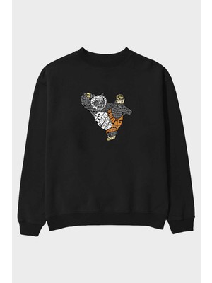 Ankhises Warrior Panda Ön Baskılı Siyah Oversize Sweatshirt Erkek Kadın Bisiklet Yaka