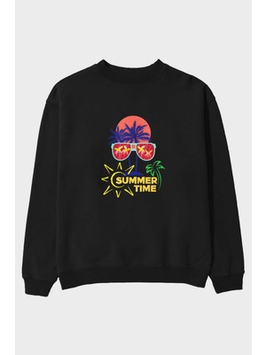 Ankhises Summer Time Yazılı Ön Baskılı Siyah Oversize Sweatshirt Erkek Kadın Bisiklet Yaka