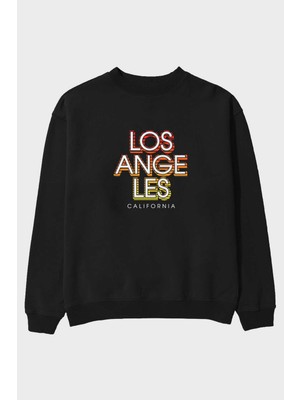 Ankhises Los Angeles California Ön Baskılı Siyah Oversize Sweatshirt Erkek Kadın Bisiklet Yaka