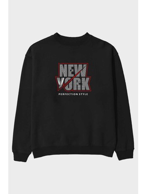 Ankhises New York Perfection Style Ön Baskılı Siyah Oversize Sweatshirt Erkek Kadın Bisiklet Yaka