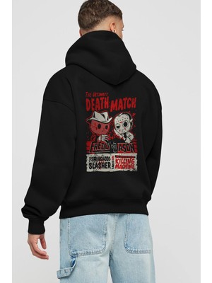 Ankhises Freddy Vs Jason Arka Baskılı Siyah Oversize Kapüşonlu Sweatshirt Erkek Kadın