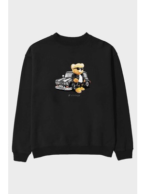 Ankhises Teddy Bear Vintage Ön Baskılı Siyah Oversize Sweatshirt Erkek Kadın Bisiklet Yaka