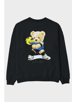 Ankhises Teddy Bear Lets Go Arka Baskılı Siyah Oversize Sweatshirt Erkek Kadın Bisiklet Yaka