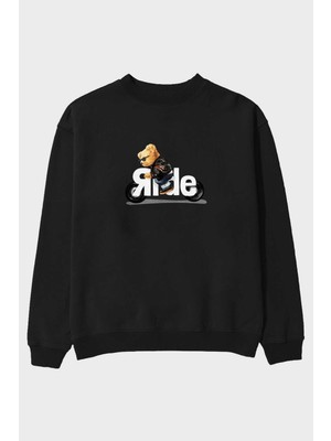 Ankhises Teddy Bear Ride Ön Baskılı Siyah Oversize Sweatshirt Erkek Kadın Bisiklet Yaka
