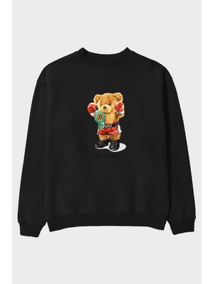 Ankhises Teddy Bear Victory Ön Baskılı Siyah Oversize Sweatshirt Erkek Kadın Bisiklet Yaka