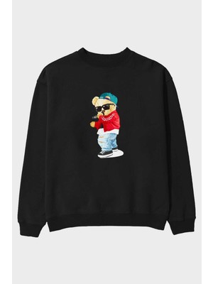 Ankhises Teddy Bear Şarkıcı Ön Baskılı Siyah Oversize Sweatshirt Erkek Kadın Bisiklet Yaka
