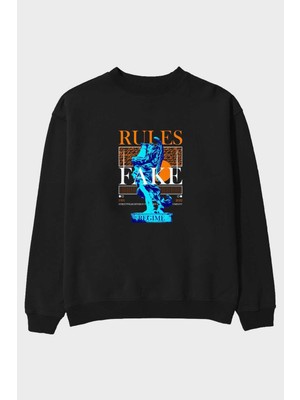 Ankhises Rules Fake Ön Baskılı Siyah Oversize Sweatshirt Erkek Kadın Bisiklet Yaka