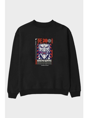 Ankhises Shinigami Ön Baskılı Siyah Oversize Sweatshirt Erkek Kadın Bisiklet Yaka