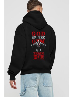 Ankhises God Of The Gym Arka Baskılı Siyah Oversize Kapüşonlu Sweatshirt Erkek Kadın