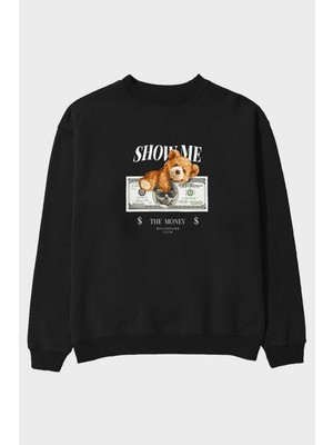 Ankhises Teddy Bear The Money Ön Baskılı Siyah Oversize Sweatshirt Erkek Kadın Bisiklet Yaka