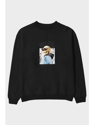 Ankhises Teddy Bear Forever Cool Ön Baskılı Siyah Oversize Sweatshirt Erkek Kadın Bisiklet Yaka