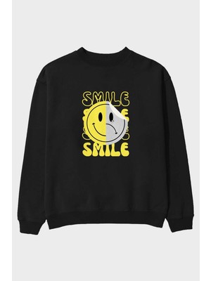 Ankhises Smile Yazılı Ön Baskılı Siyah Oversize Sweatshirt Erkek Kadın Bisiklet Yaka