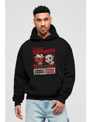 Ankhises Freddy Vs Jason Ön Baskılı Siyah Oversize Kapüşonlu Sweatshirt Erkek Kadın