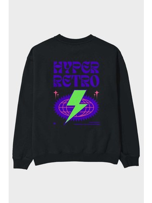 Ankhises Hyper Retro Yazılı Arka Baskılı Siyah Oversize Sweatshirt Erkek Kadın Bisiklet Yaka