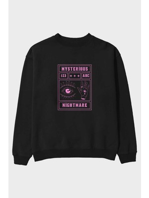 Ankhises Mysterious Nightmare Ön Baskılı Siyah Oversize Sweatshirt Erkek Kadın Bisiklet Yaka