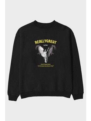 Ankhises Reallygreat Angel Ön Baskılı Siyah Oversize Sweatshirt Erkek Kadın Bisiklet Yaka