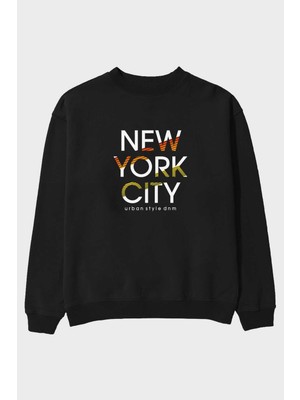 Ankhises New York City Style Ön Baskılı Siyah Oversize Sweatshirt Erkek Kadın Bisiklet Yaka
