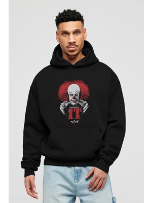 Ankhises It Ön Baskılı Siyah Oversize Kapüşonlu Sweatshirt Erkek Kadın