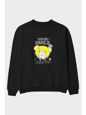 Ankhises Your Smile Bear Ön Baskılı Siyah Oversize Sweatshirt Erkek Kadın Bisiklet Yaka