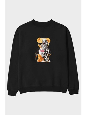 Ankhises Teddy Bear Robot Ön Baskılı Siyah Oversize Sweatshirt Erkek Kadın Bisiklet Yaka