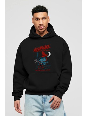 Ankhises Nightmare Elm Sokağı Ön Baskılı Siyah Oversize Kapüşonlu Sweatshirt Erkek Kadın