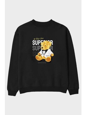 Ankhises Teddy Bear Superior Ön Baskılı Siyah Oversize Sweatshirt Erkek Kadın Bisiklet Yaka