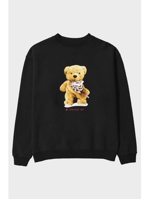 Ankhises Teddy Bear Dress Up Ön Baskılı Siyah Oversize Sweatshirt Erkek Kadın Bisiklet Yaka