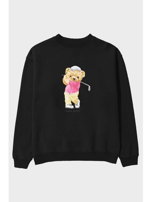 Ankhises Teddy Bear Little Golfer Ön Baskılı Siyah Oversize Sweatshirt Erkek Kadın Bisiklet Yaka