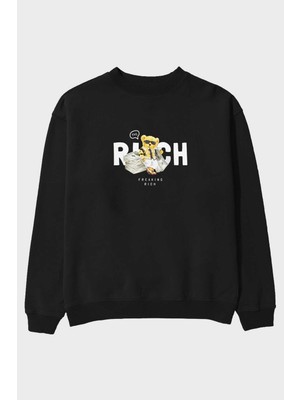Ankhises Teddy Bear Freakıng Rich Ön Baskılı Siyah Oversize Sweatshirt Erkek Kadın Bisiklet Yaka