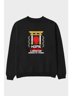 Ankhises Land Of Yamato Tribe Ön Baskılı Siyah Oversize Sweatshirt Erkek Kadın Bisiklet Yaka