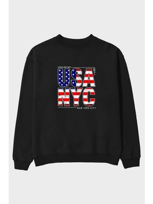 Ankhises Usa Nyc Ön Baskılı Siyah Oversize Sweatshirt Erkek Kadın Bisiklet Yaka