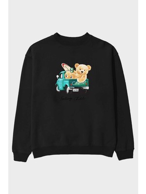 Ankhises Teddy Bear Chill Out Ön Baskılı Siyah Oversize Sweatshirt Erkek Kadın Bisiklet Yaka