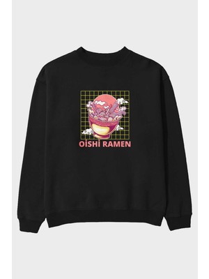 Ankhises Oishi Ramen Yazılı Ön Baskılı Siyah Oversize Sweatshirt Erkek Kadın Bisiklet Yaka