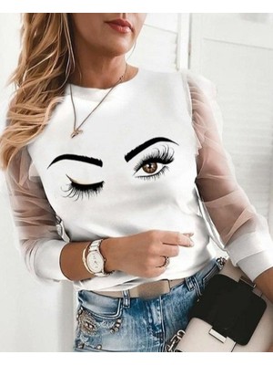 Mazıdağı Kadın Uzun Kollu Bisiklet Yaka Göz Baskılı Kolları Tül Detay Dalgıç Bluz