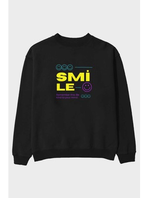 Ankhises Smile Yazılı 2 Ön Baskılı Siyah Oversize Sweatshirt Erkek Kadın Bisiklet Yaka