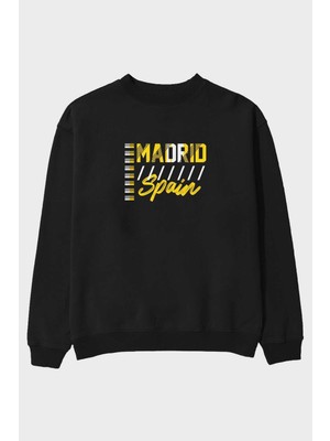 Ankhises Madrid Ön Baskılı Siyah Oversize Sweatshirt Erkek Kadın Bisiklet Yaka