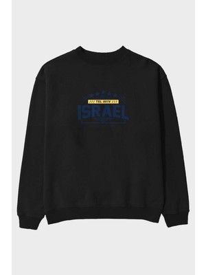 Ankhises Tel Aviv Ön Baskılı Siyah Oversize Sweatshirt Erkek Kadın Bisiklet Yaka