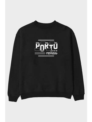 Ankhises Porto Ön Baskılı Siyah Oversize Sweatshirt Erkek Kadın Bisiklet Yaka