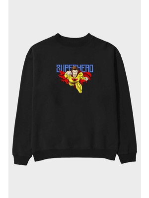 Ankhises Super Hero Ön Baskılı Siyah Oversize Sweatshirt Erkek Kadın Bisiklet Yaka