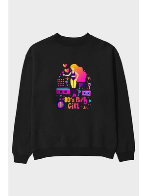 Ankhises Retro Girl Party Ön Baskılı Siyah Oversize Sweatshirt Erkek Kadın Bisiklet Yaka